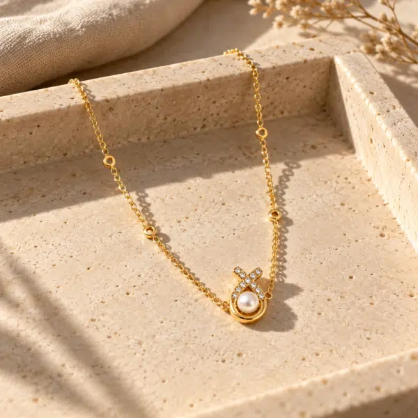 Pearl Loop Ring Station Necklace styled on a display