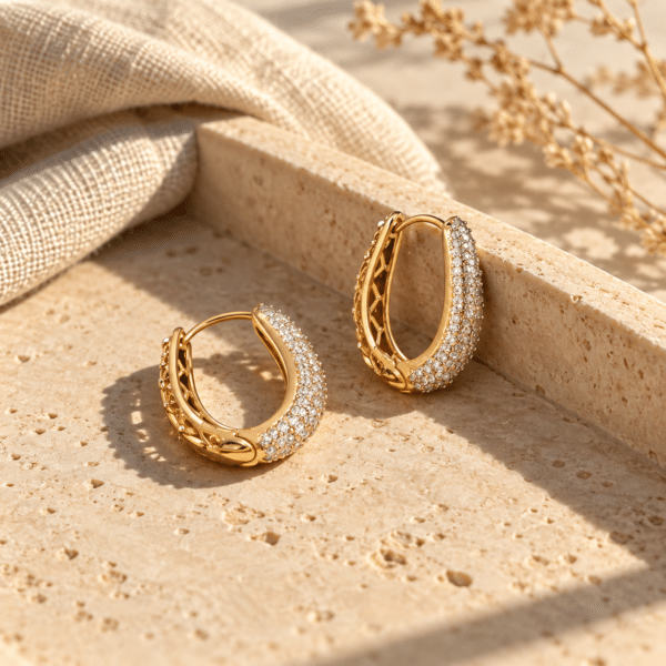 Crystal Pavé Oval Hoop Earrings styled on a display