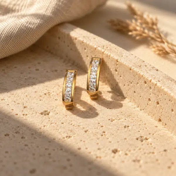 Square Crystal Channel Hoop Earrings styled on a display