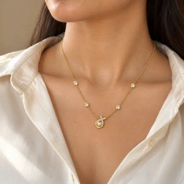 Pearl X Crystal Station Body Necklace worn by a model