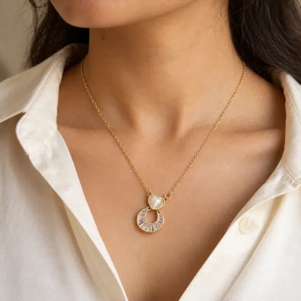 Heart Pearl Ring Necklace worn by a model