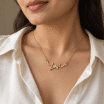 Crystal Script Necklace worn by a model