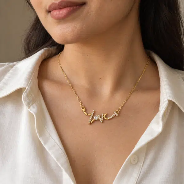 Crystal Script Necklace worn by a model