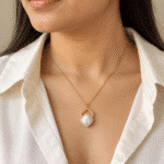 Baroque Pearl Open Frame Necklace worn by a model