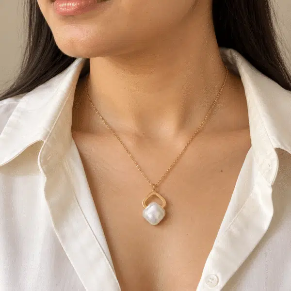 Baroque Pearl Open Frame Necklace worn by a model