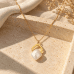 Baroque Pearl Open Frame Necklace styled on a display