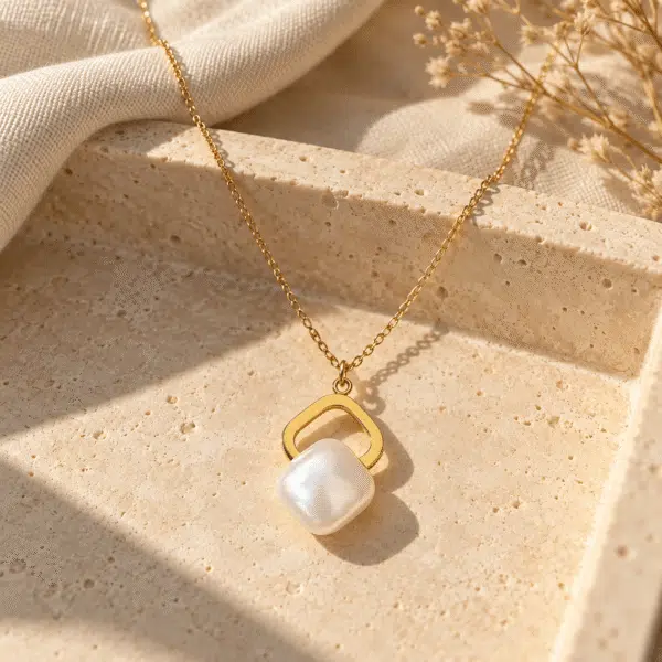 Baroque Pearl Open Frame Necklace styled on a display