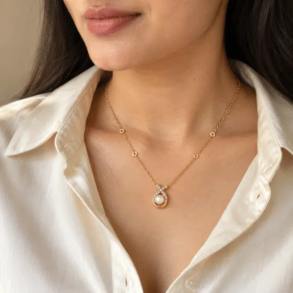 Pearl Loop Ring Station Necklace worn by a model