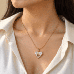 Amore Bow Heart Necklace worn by a model
