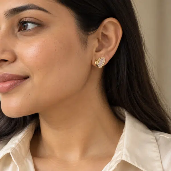 Heart and Solitaire Stud Trio worn by a model