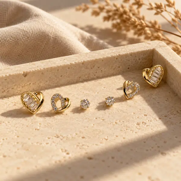 Heart and Solitaire Stud Trio styled on a display