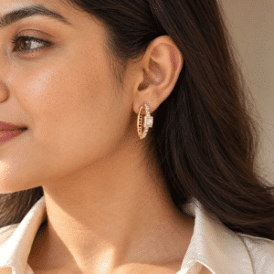 Model wearing Aura Baguette Hoop Earrings