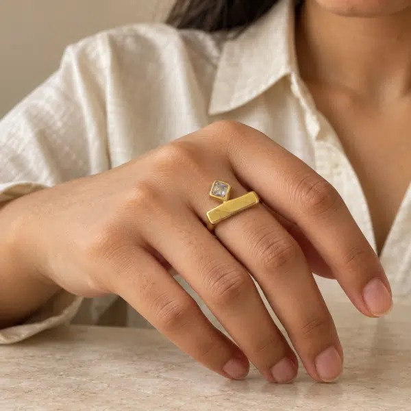 Geometric Bar Ring worn by a model