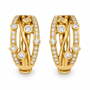 A pair of gold-plated Aura Geometric Hoop Earrings featuring intricate lattice work and sparkling stones