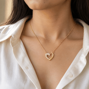 Close up of the Aura Heart gold plated heart necklace on model