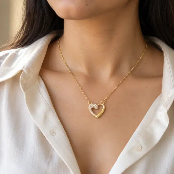 Crystal Pavé Open Heart Necklace worn by a model
