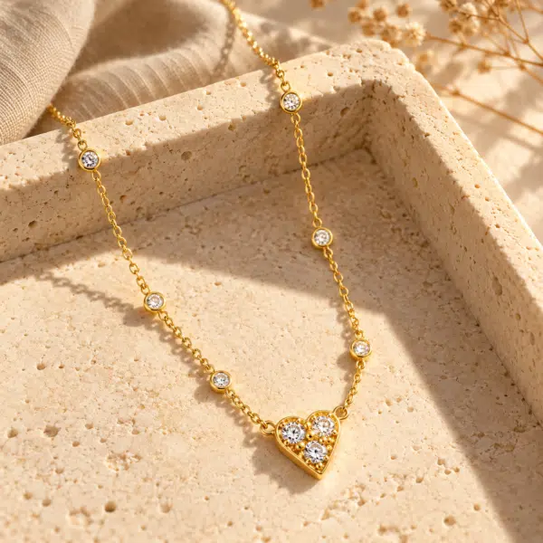 Close up of gold plated Aura Heart Stone Necklace with crystal details