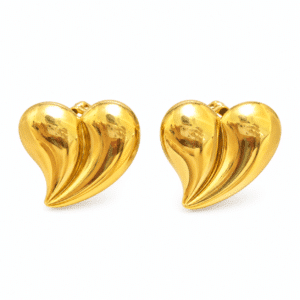 A pair of gold plated heart earrings featuring a smooth, sculptural design