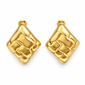 A pair of gold plated stud earrings featuring a geometric woven texture