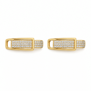 A pair of gold plated huggie hoops on white background