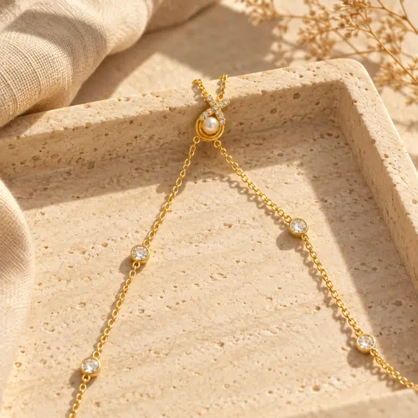 Close up of the Aurelia Pearl Body Necklace featuring a central pearl and diamond-encrusted cross pendant
