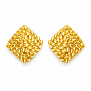 A pair of gold textured stud earrings on a plain white background