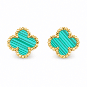 Pair of turquoise clover gold plated earrings on white background