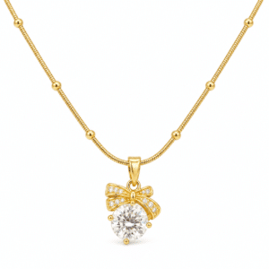 Bow Solitaire Golden Necklace showing a sparkling central stone with gold ribbon detail