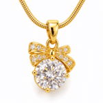 Close up of a bow solitaire golden necklace showcasing intricate gold and crystal detailing