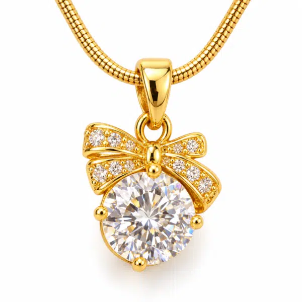 Close up of a bow solitaire golden necklace showcasing intricate gold and crystal detailing