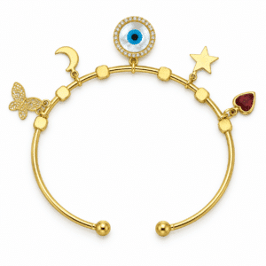 A luxurious gold plated evil eye bracelet with butterfly, moon, star, and heart charms on a white background