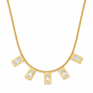 Lumina gold plated baguette stone necklace isolated on white