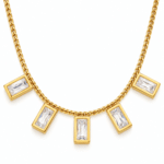 Close up of sparkling baguette stone necklace design