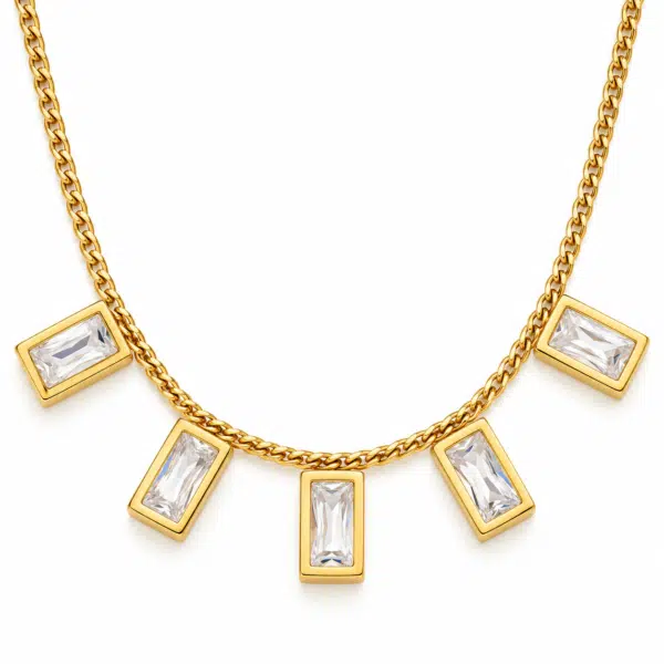 Close up of sparkling baguette stone necklace design