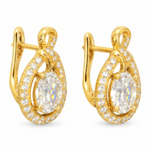 Pair of gold plated earrings with oval centerpiece and halo of crystals