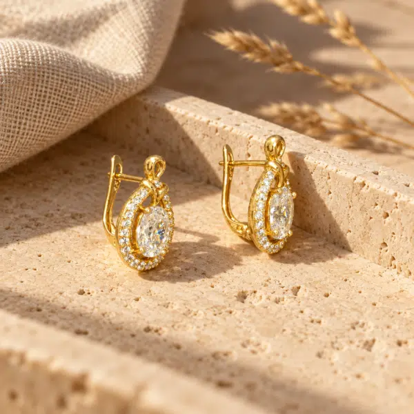 Oval Crystal Halo Earrings styled on a display