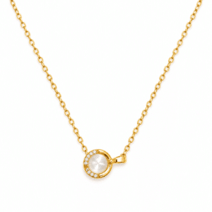 Gold plated necklace with pearl pendant on white background