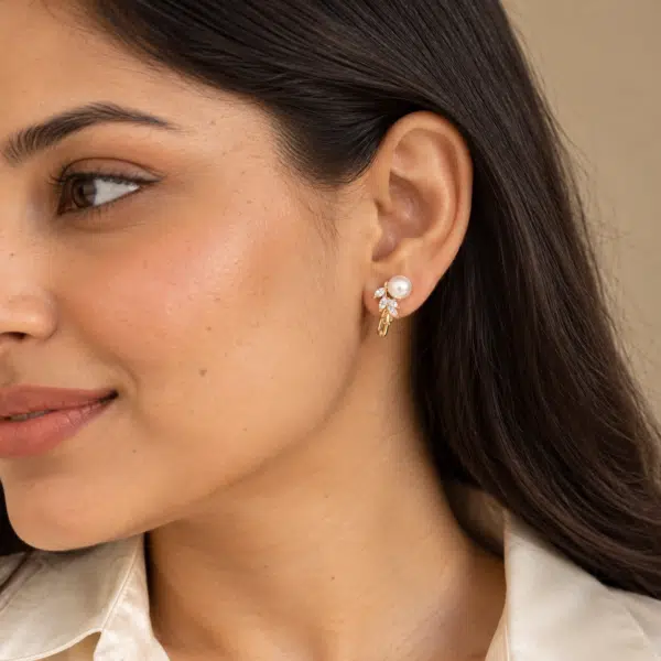 Pearl Marquise Leaf Earrings worn by a model