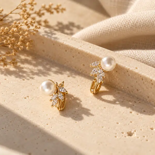 Pearl Marquise Leaf Earrings styled on a display