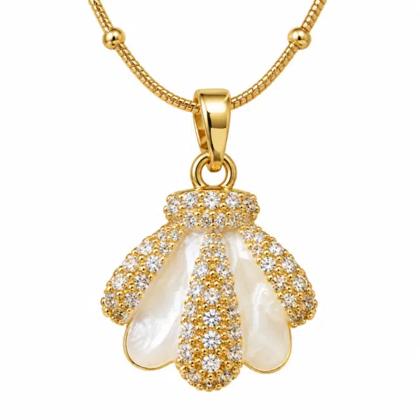 Detailed close up of mother of pearl shell pendant with clear stones