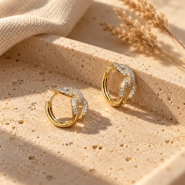 Twisted Crystal Pavé Hoops styled on a display