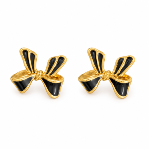 A pair of elegant black enamel bow gold plated earrings on a white background