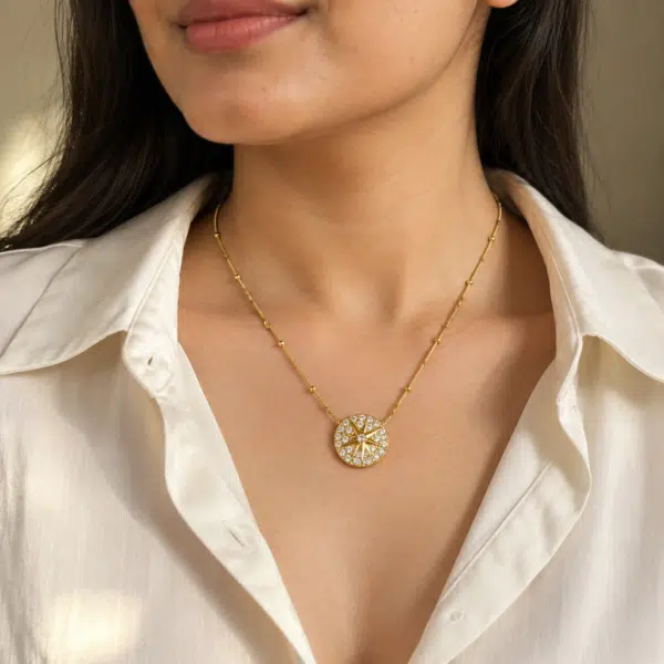 Woman wearing North Star Compass Necklace