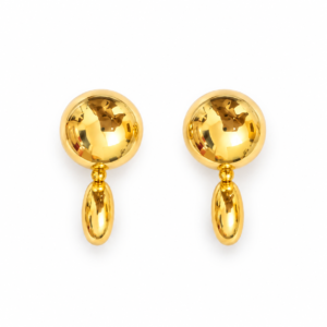 Front view of spherical gold drop earrings