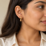 Model wearing elegant Orbital Drop Gold Earrings