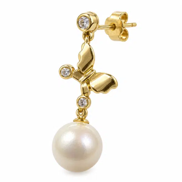 Close-up of the Papillon Pearl Gold Drop Earrings