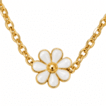 Close up of white floral petal charm on gold chain