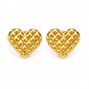 Pair of glossy quilted heart shaped gold stud earrings
