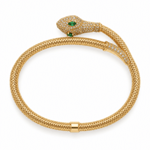 Detailed view of the Seraphina Gold Snake Bracelet with emerald eyes