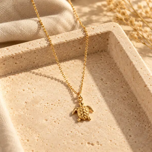 Serene Turtle Gold Necklace styled on a display